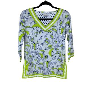 *2/$30* Gretchen Scott White Blue Green Floral 3/4 Sleeve V-Neck Tunic Top XS